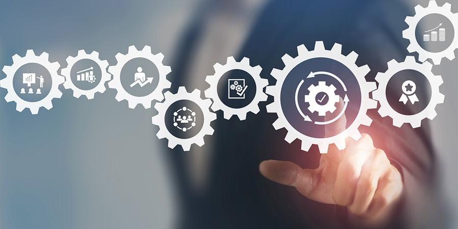 Shot of a hand of businessman touching digital gear icon. Concept of showing capability of a flexible benefit administration solution